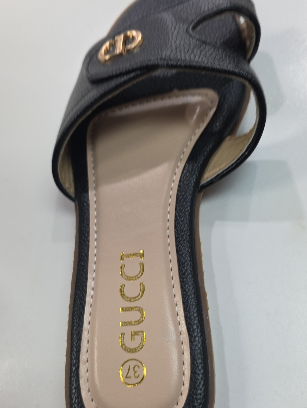 Gucci Black Leather Logo Slide Mule with Gold Hardware